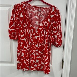 LOFT Red and White Floral Blouse